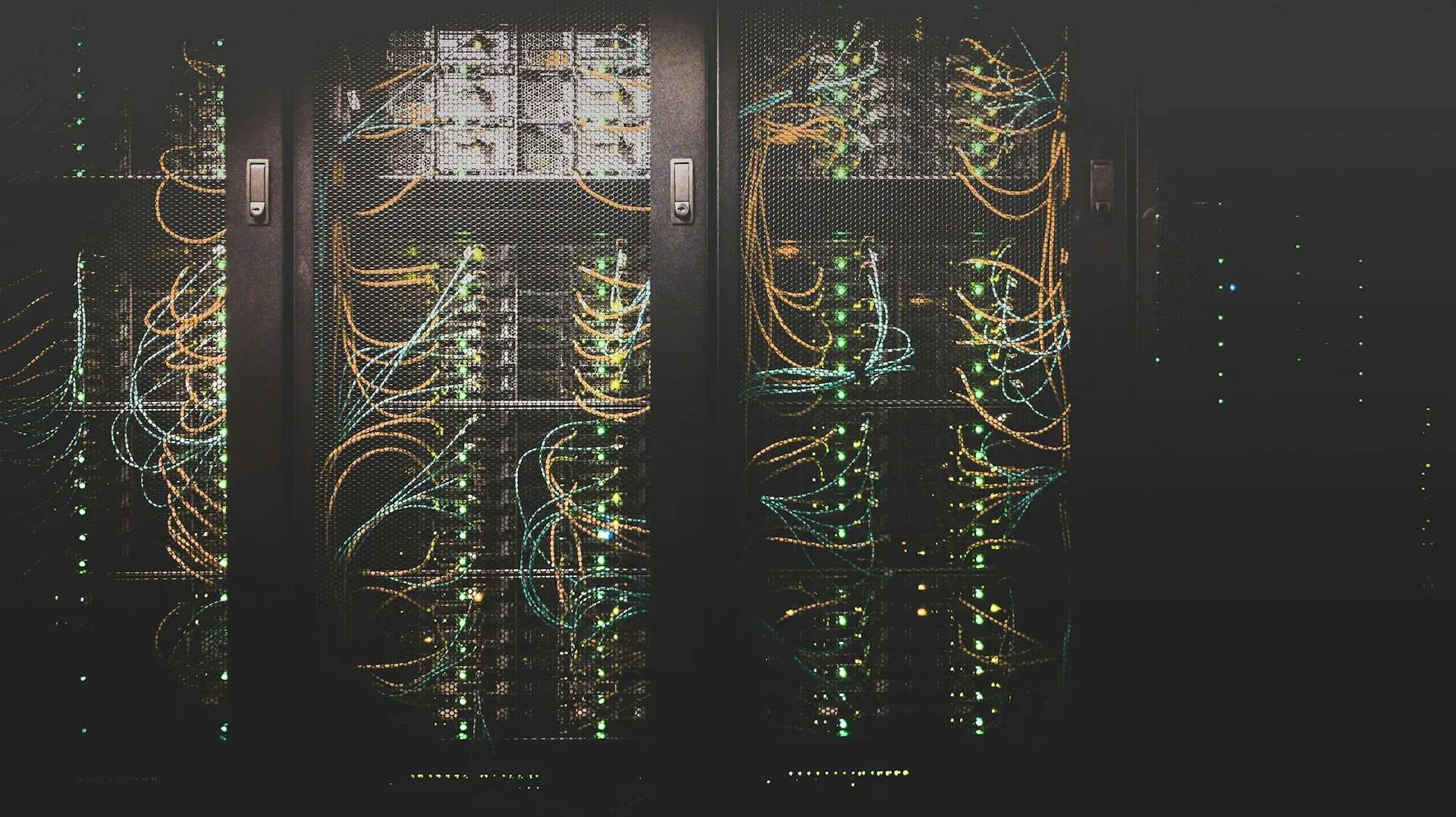 Rows of network servers in a data centre aisle